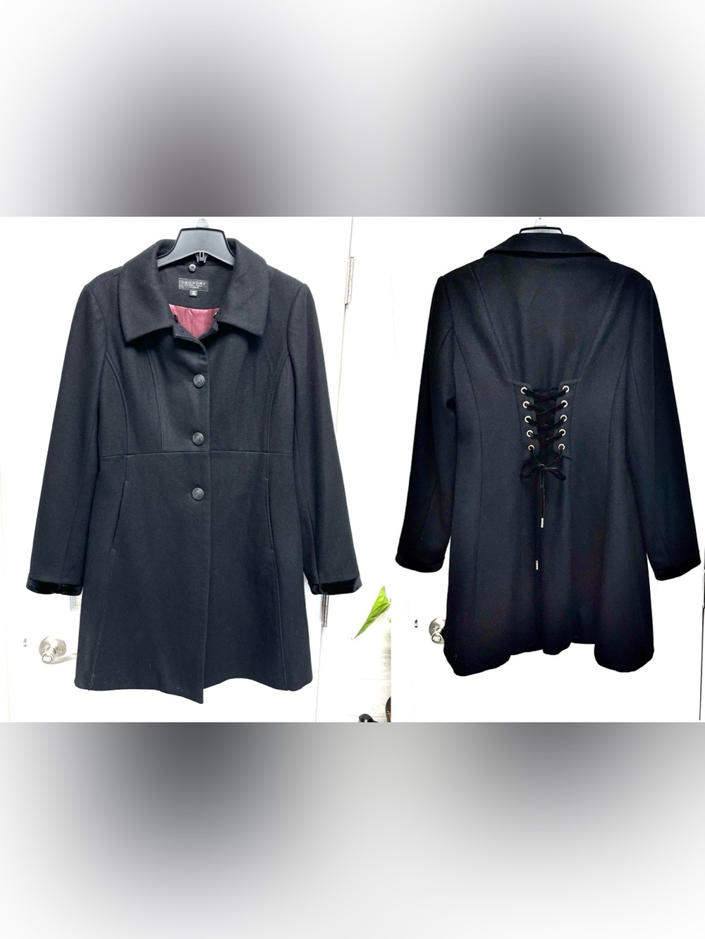 Black Corset Back Wool Blend Coat Size L